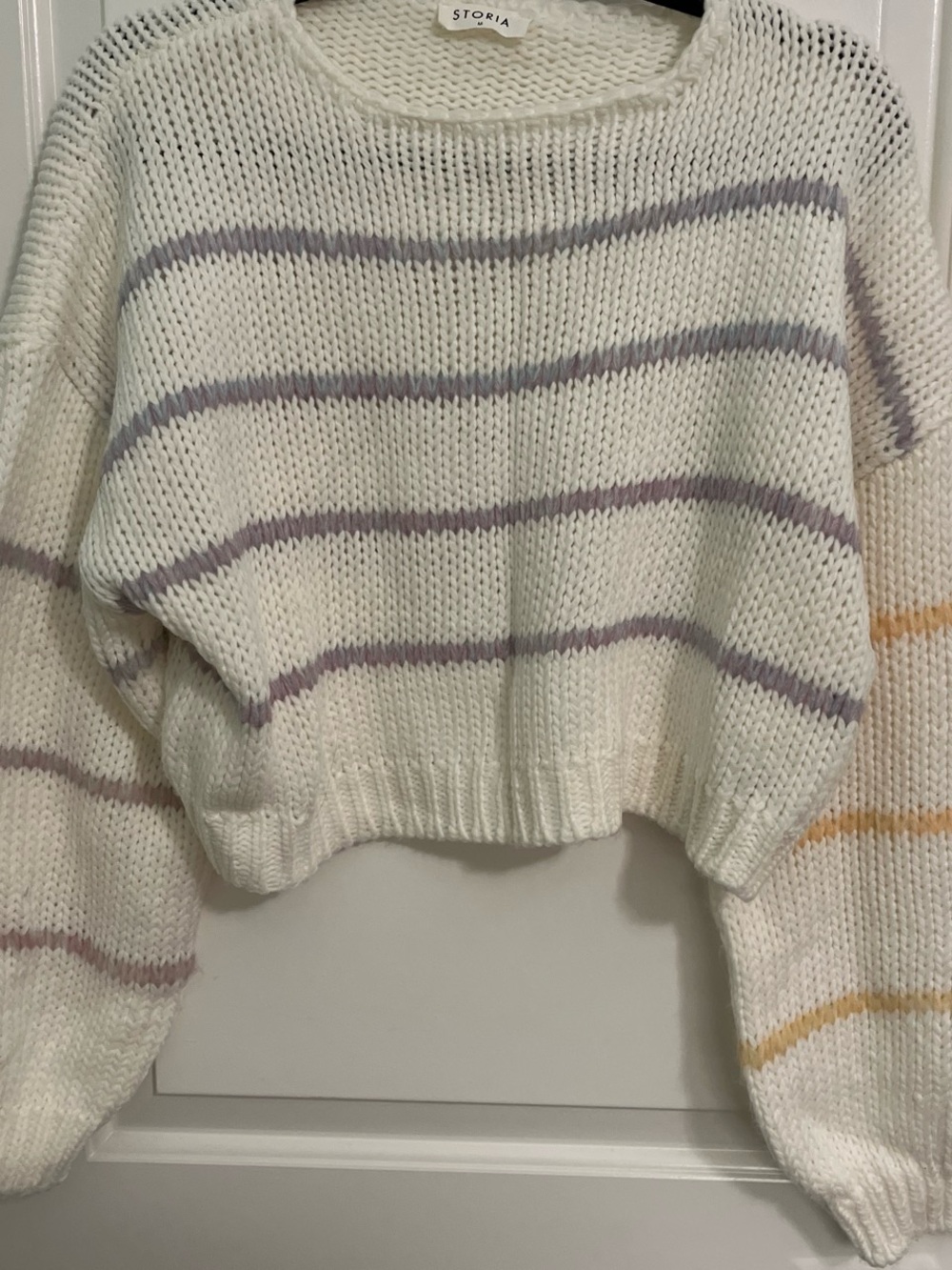 Storia Cream Cropped Crewneck Sweater with Lavender & Yellow Stripes